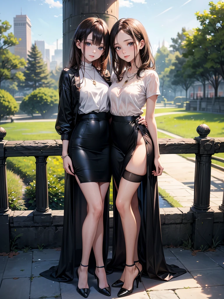 ((Biologically correct limb count)),(( From head to toe,Full-body photo including face)),4K,((Standing position)),masterpiece,((Focus on the face)),((Symmetrical facial features)),Eyes with detailed description,Beautiful woman,Great style,Beautiful arms,Beautiful legs,Beautiful Hands,Small Ass,Thin thighs,(Black Stockings),Detailed depiction of the face,necklace,(Casual clothes,High heels,Long skirt),Nestled in the park,Focus on the face,Realistic,(See-through clothing)