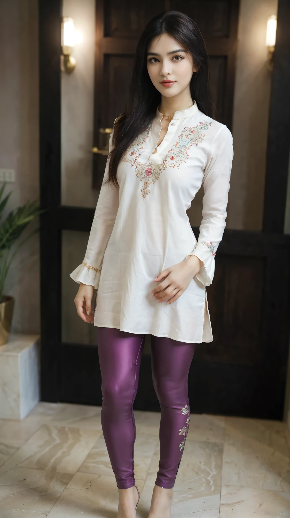 ((photo of 20 year old beautiful girl, beautiful and charming girl)), ,
((((Full body shot:1.5)))), (full body in picture), (full body photo Close-up photo of the shin), (Indian babe), (attention standing posture, separate legs), (looking at viewers, front view shot, from_fronts),
best quality, movie studio lighting, illustration at Very detailed, ultra high resolution, depth of field, caustic, natural shading, masterpiece, hyper realistic, hyper detailed, photorealists, 8K, HDR, High resolution, (1girl), (Blurry background), (Bokeh:1.2), RAW photo, complicated details, extremely detailed, candid picture, candid shots, extreme detailed, colorful, highest detailed, (iconic picture shot, perfect brightness, perfect contrast, perfect colour),
hair is one eye, purple eyes, Golden blonde hair, side bangs, sharp eyeliner, blush eyeshadow with thick eyelashes, lip gloss very delicate and beautiful, round chin, round earrings, sharp eyes, letter choker, (symmetrical eyes), (perfectly symmetrical body),
(pretty face, iconic face), (perky breasts, perfect rounded breasts, attractive breasts, perfect symmetrical breasts), (attractive body figure, perfect body figure, perfect figure, curvy_figure, straight body figure, wide body posture), skin_tight, (thin), smile,
(Fancy High heels),
(beautiful girl in Indian outfits), ,
(((Fancy kurta with skinny sleeves, (upper bodycon but down flared kurta), fancy kurta, iconic kurta, embroidery kurta, skinny long sleeves, elegant ruffled kurta), (fancy leggings, beautiful leggings, leggings))),
