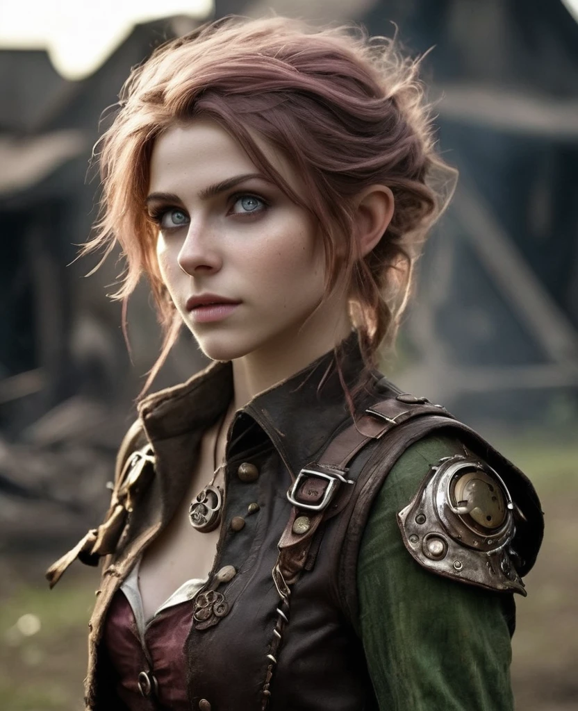 cute elf, (tiny elf with extremely cute eyes)), (((elf))), ((((high resolution))), (((extremely detailed))), ((masterpiece)), looks like Aerith Gainsborough, dramatic shadows, depth of field, analog photo style, (world in which are collide steampunk and postapocalyptic vibes), postapocalyptic cute female in steampunk aesthetic, torn dirty clothes, depth of field, full body shot, unzoomed, (perfect body: 1.4), (sidecut short hairstyle), (stalking is quite common, although not the best way to make a living), stylized atmosphere of unreality, dark atmosphere, dynamic pose, in motion, Armageddon, increase cinematic lighting, highly lifelike skin texture, parted lips, weary eyes, fine eyes, whitened skin, random hair colour, doomsday aura
