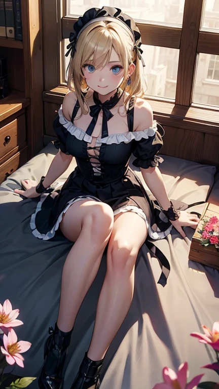 (masterpiece, Highest quality, Highest quality,Official Art),(1 girl:1.3),(Attractive girl),((masterpiece, Highest quality))、8k、One Woman、((30 years old))、((Black Hair))、Shortcuts、Attractive woman、blue eyes、Big eyes、Sparkling eyes、Beautifully drawn eyes、Bright smile、Small breasts、Gothic maid with dark brown eyes、White headband、From knee to head、(dance)、Blooming flower bed、Great illustrations、Near and far in the air、Pure、transparent、Light、Light、Light、Light、