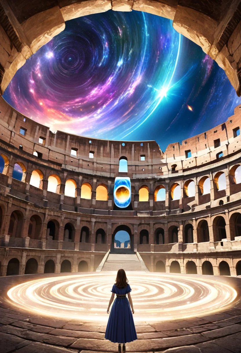 A scene of a woman in the center of the screen, with a universe expanding around her. The teleportation is not yet complete, so the sides of the screen are still the colosseum.