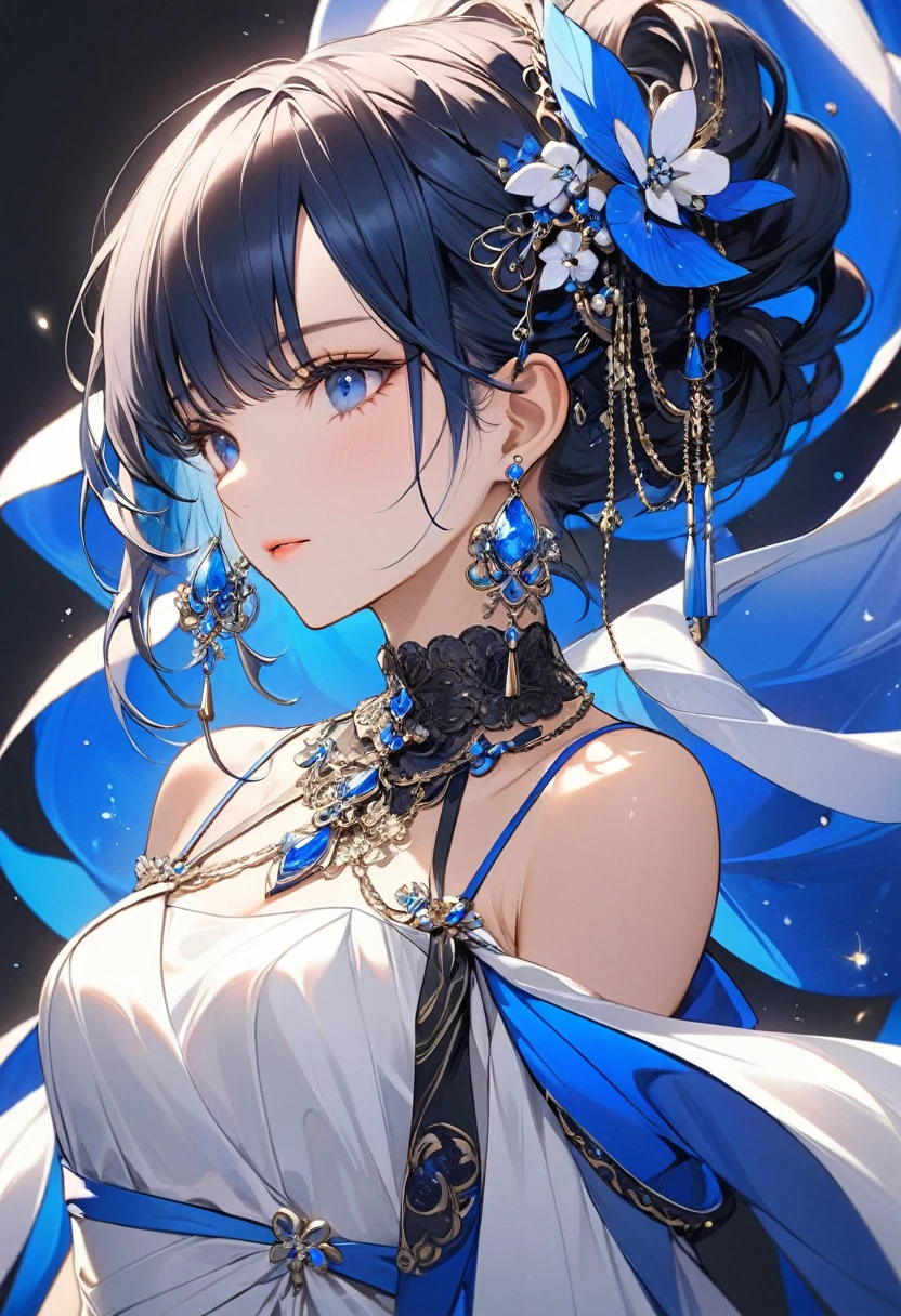 Beautiful woman, cute, A dignified expression, Transparency, gem, long hair, Black Hair, Blue Hair, Silver Hair, flower,Cool, sunset, The wind is blowing, Gradient Hair, Ray Tracing, reflected light, Anime Style, masterpiece, Highest quality, Anatomically correct, Accurate, Super Detail, High resolution, Pink Lips, A slender, feminine face, White skin, Beautiful night view, ponytail, The face is facing straight ahead, not turning left or right, Fantasy, lingerie, uniform, whole body, No nostrils