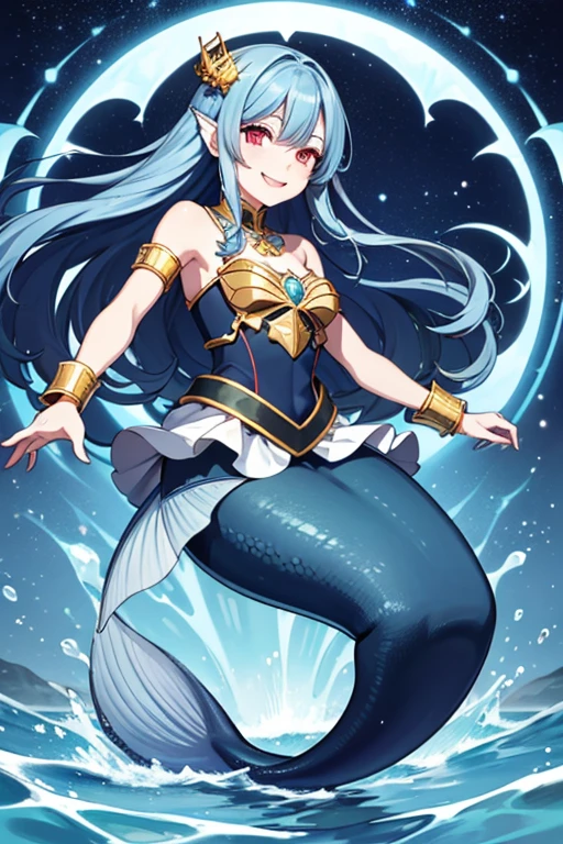 
Anime Art、Full body portrait、A wizard who controls water in the fantasy world、Moonlit night sea surface、A tall mermaid woman, about 170cm tall and around 32 years old, wearing dark blue scale armor, surrounded by a water tornado.、Gold Hair Ornament、The hairstyle is long and wavy、Dark blue hair、Wicked Smile、Creepy Smile、unpleasant laughter、Cold Smile、Laughing with mouth open、Sharp Eyes、With eyes half-open、Red Eyes、Gold Bracelet