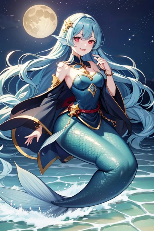 Anime Art、Full body portrait、A wizard who controls water in the fantasy world、Moonlit night sea surface、A tall mermaid woman, about 170cm tall and around 32 years old, wearing dark blue scale armor, surrounded by a water tornado.、Gold Hair Ornament、The hairstyle is long and wavy、Dark blue hair、Wicked Smile、Creepy Smile、unpleasant laughter、Cold Smile、Laughing with mouth open、Sharp Eyes、With eyes half-open、Red Eyes、Gold Bracelet