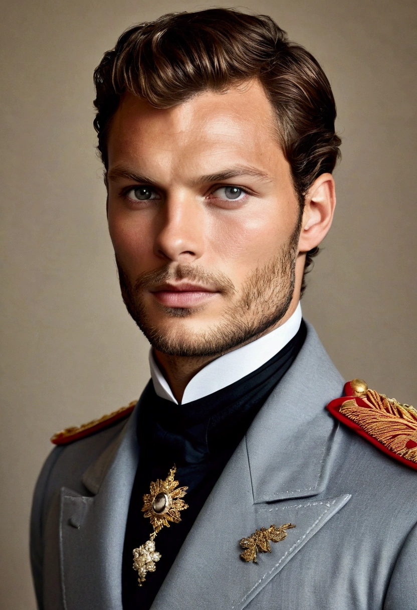 Victorian era man, 30 years old light gray eyes, extremely handsome and manly prince of Monaco where he looks half-length with a wardrobe worthy of the Victorian era and with Jamie Dornan features