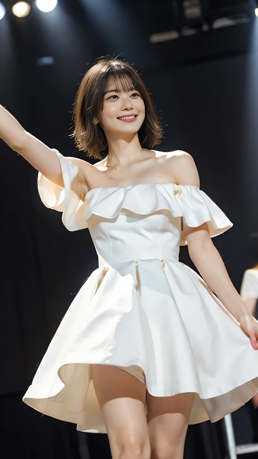 (8k、RAW Photos、Highest quality、masterpiece:1.2)、(Realistic、Realistic)、1 girl、((White off-the-shoulder dress、On stage、In the spotlight、Short Bob、View from the front、smile、Looking into the camera 、smile、Full body photo:1.5))、cute、Large Breasts、Sing with a microphone、to dance、((The skirt flutters in the wind))