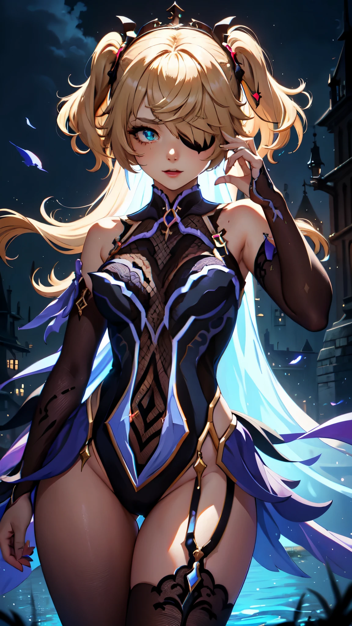 Young blonde girl, black eye patch, twin large ponytails, 
BREAK (masterpiece:1.2), best quality, high resolution, unity 8k wallpaper, (illustration:0.8), (beautiful detailed eyes:1.6), extremely detailed face, perfect lighting, extremely detailed CG, (perfect hands, perfect anatomy), joyful, laughing, Happy, (thigh corset with deep lace neckline), portrait (3:4), posing. In darkness next to a scary castle.