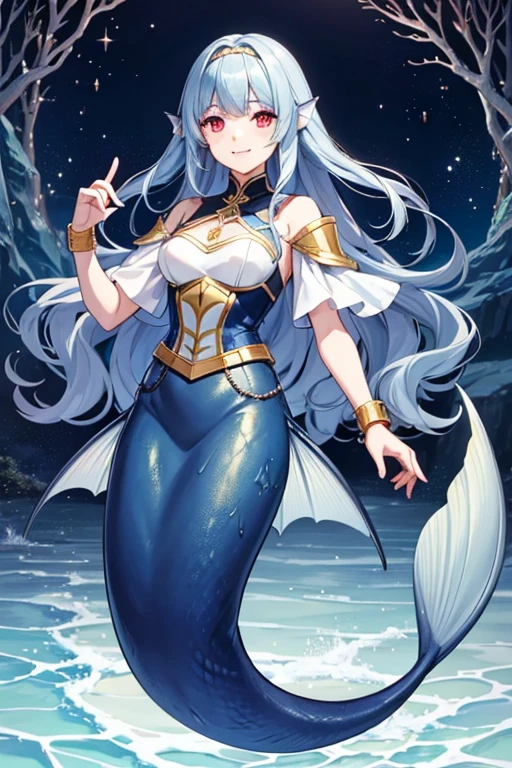 Anime Art、Full body portrait、A wizard who controls water in the fantasy world、Moonlit night sea surface、A tall mermaid woman, about 170cm tall and around 32 years old, wearing dark blue scale armor, surrounded by a water tornado.、Gold Hair Ornament、The hairstyle is long and wavy、Dark blue hair、Wicked Smile、Creepy Smile、unpleasant laughter、Cold Smile、Laughing with mouth open、Sharp Eyes、With eyes half-open、Red Eyes、Gold Bracelet