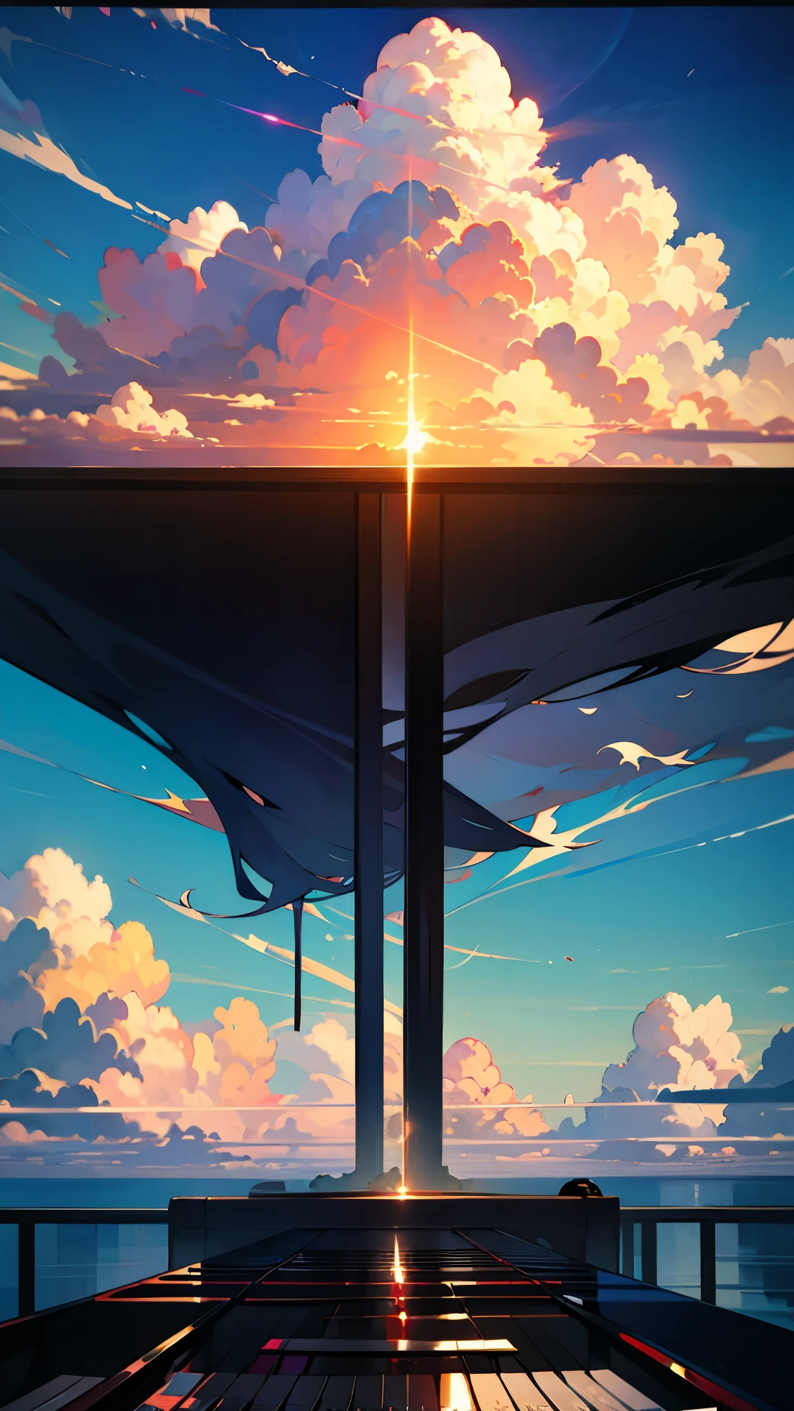 青空とcloudに囲まれた幻想的なシーンが描かれています，There is a black piano in the center of the screen，Realistic，reality，cloud，landscape，reality灯光，The back of a man，Natural lighting，Surrealism