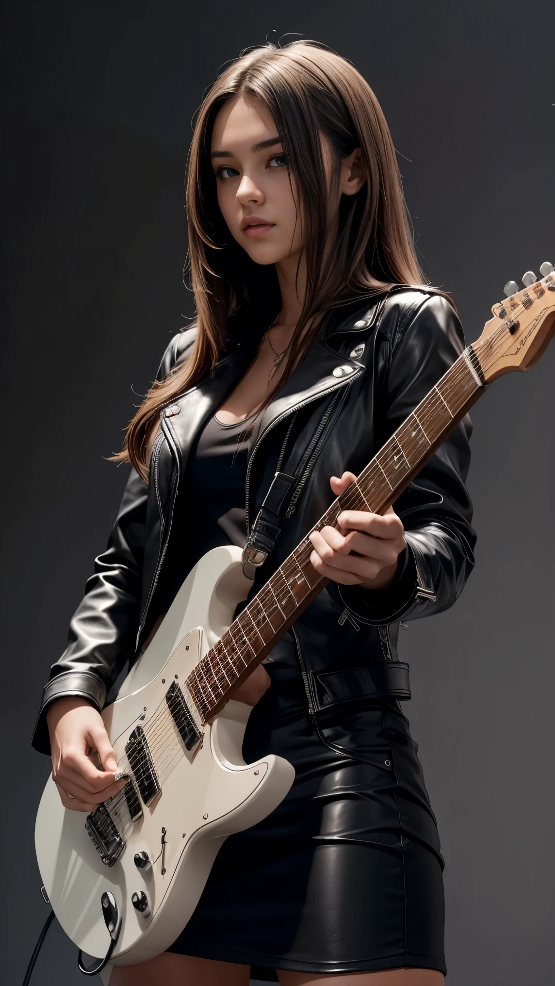 A high-resolution image of a beautiful girl with long hair playing an electric guitar. She is wearing a black leather jacket and standing against a gray background.