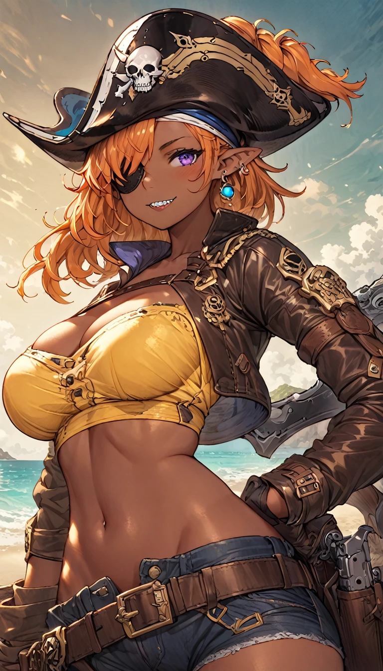 best quality,4k,8k, highres, masterpiece:1.2), ultra-detailed, extremely detailed eyes, extremely detailed body, (large masterpiece digital art), (detailed manga illustration), (detailed line art), ((perfect anatomy)), (intricate details:1.3), (ultra-detailed:1.3), (illustration:1.3), (sharp focus:1.3), (natural lighting:1.05), (vivid colors:1.3), (masterpiece), (best quality:1.4), (perfect anatomy:1.4), high quality, expressive eyes, full body, detailed face, beautiful face, perfect face, 1 girl, breast, large breast, cleavage, detailed hair, medium hair, orange hair, hair over one eye, purple eyes, eyepatch, (whale girl), pointy ears, pirate, pirate hat, tricorne, earrings, ((yellow shirt)), crop top, cross-laced clothes, belt, wide smile, (sharp teeth), ((cropped jacket)), holding weapon, gunblade, gun, (midriff), asymmetrical clothes, (asymmetrical pants), gloves, curvy, two-tone skin, black skin, jewelry, Intricate, High Detail, Sharp focus, dramatic, cinematic lighting, dramatic atmosphere, (((coastline background))), soft bokeh of beach,