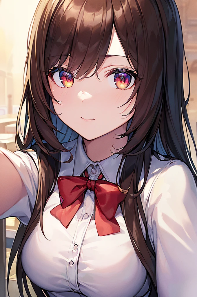 (masterpiece,UHD,super details,hyper detail,16k,high quality:1.3),detail eyes,1girl,(selfie,looking viewer:1.2),cute,(Hold a frappuccino in one hand),face,upper body,(school uniform),large breasts