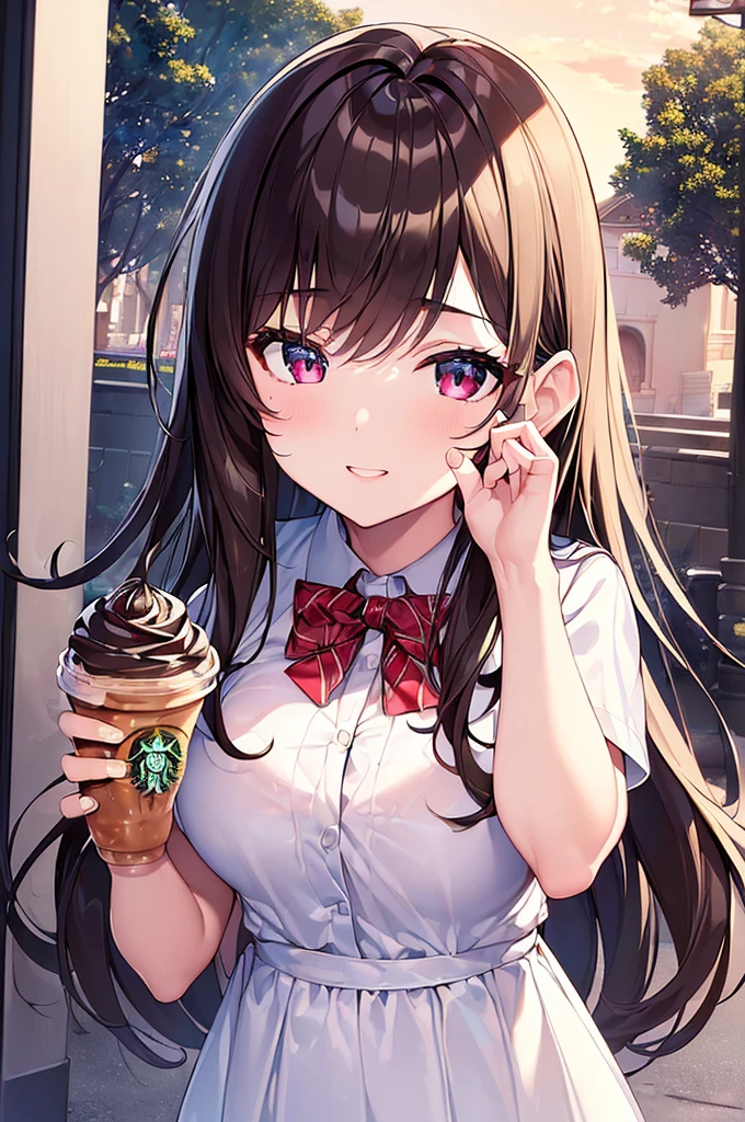 (masterpiece,UHD,super details,hyper detail,16k,high quality:1.3),detail eyes,1girl,(selfie,looking viewer:1.2),cute,(Hold a frappuccino in one hand),face,upper body,(school uniform),large breasts