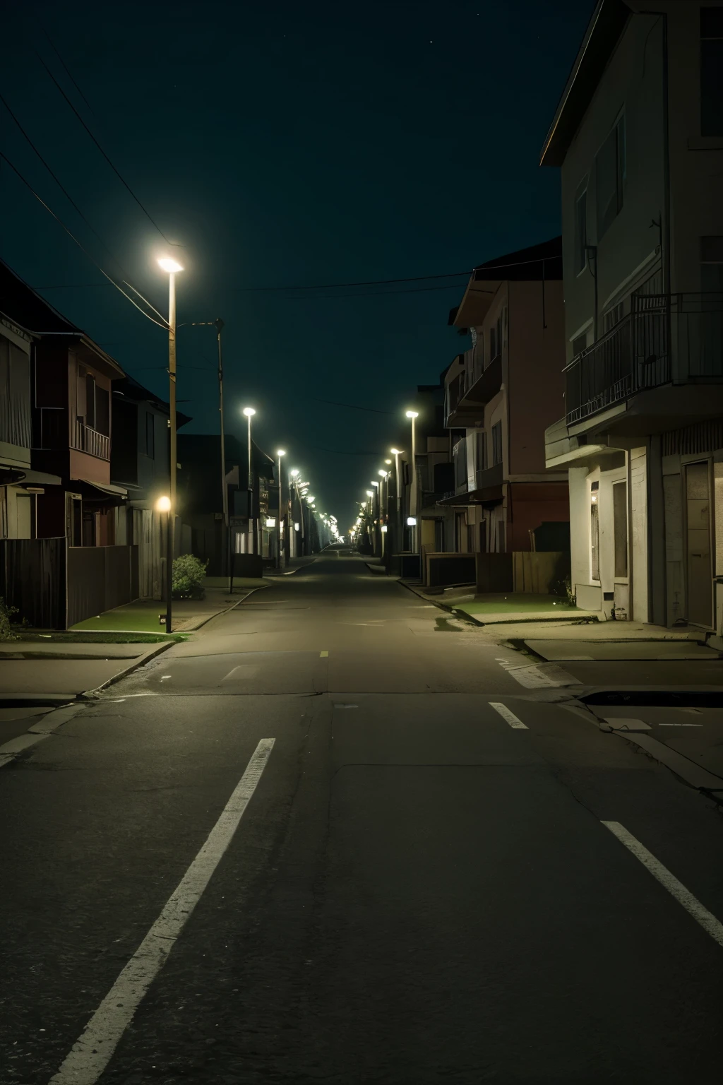 Generate an eye-level perspective of an extremely deserted residential street at night. The scene should capture a profoundly quiet and lonely atmosphere with most of the streetlights turned off. Only a few dim lights from distant houses barely illuminate the area, casting faint shadows. The houses are dark, indicating everyone is asleep. The street is dry and empty, with no people or vehicles present, emphasizing the sense of absolute isolation and solitude.
