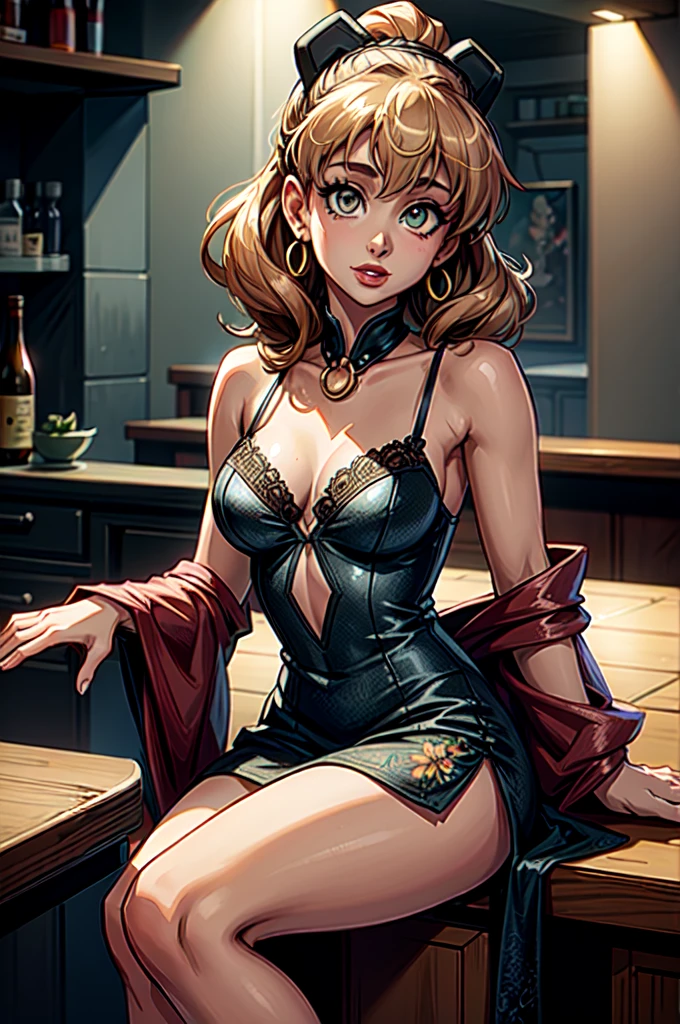 (anime, solo:1.3); a portrait of a 30y short woman (Ariana Grande:1.1), very beautiful, small breasts, thick lips, red lips, very tanned skin; eyes {bright green eyes, seductive eyes}; hair {long hair, ((dark blonde hair)), long ponytail}; sexy provocative smile, Golden glass earrings on the ears, sitting on a cyberpunk bar, (Around her neck hangs a simple necklace of exquisite craftsmanship); ((dressed in a Floral Print Cami Dress, Ruched Bust, sheer see-through short dress, Sleeveless dress, Knot, Split Thigh)); ((looking-into-camera)), Pov, (Front view); (Original character, volumetric lighting, Best Shadows, shallow depth of field, (very high quality, Incredible detail:1.25), Bright color paints, well-detailed fingers, well-detailed hand, perfect_hands, perfect, GoodHands-beta2, Furtastic_Detailer, well-defined face, well-defined eyes), ((Ariana Grande) + (adult mature:1.5))