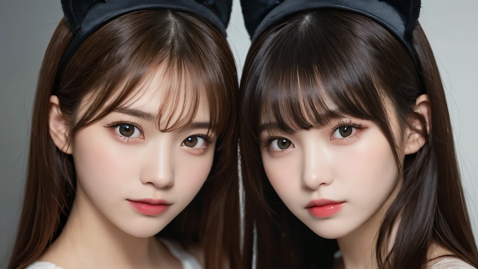 white background, half body portrait, one girl, (a beauty girl, delicate girl:1.3), (20 years old:1.3), break, (black cat costume, black cat headband, black cat clothes), break, (gates of hell:1.2), break, very fine eyes, (symmetrical eyes:1.3), break, small breasts, brown eyes, parted bangs, brown hair, (smile), break, (eyes and faces with detailed:1.0), break, (masterpiece, best quality, ultra detailed, detailed face, 8k)