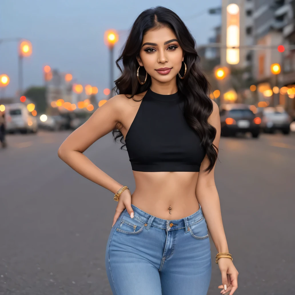 (best quality, ultra-detailed, realistic:1.37), professional, beautiful detailed eyes, beautiful detailed lips, detailed facial features, natural skin tones, perfect skin texture, delicate facial expressions, image in high resolution, realistic face, realistic skin, plain face, natural smile, highly detailed hair, (Meera), 18yo, (an Asian-European college girl), confidently struts down a city street in a trendy outfit, showcasing her unique style. She wears a fashionable top and a pair of jeans, accentuating her slim figure. The high-resolution image captures ultra-detailed realism, highlighting Meera's captivating eyes, luscious lips, and flawless complexion. The vibrant city backdrop adds to the dynamic atmosphere, creating a visually stunning representation of Meera's urban fashion sense.