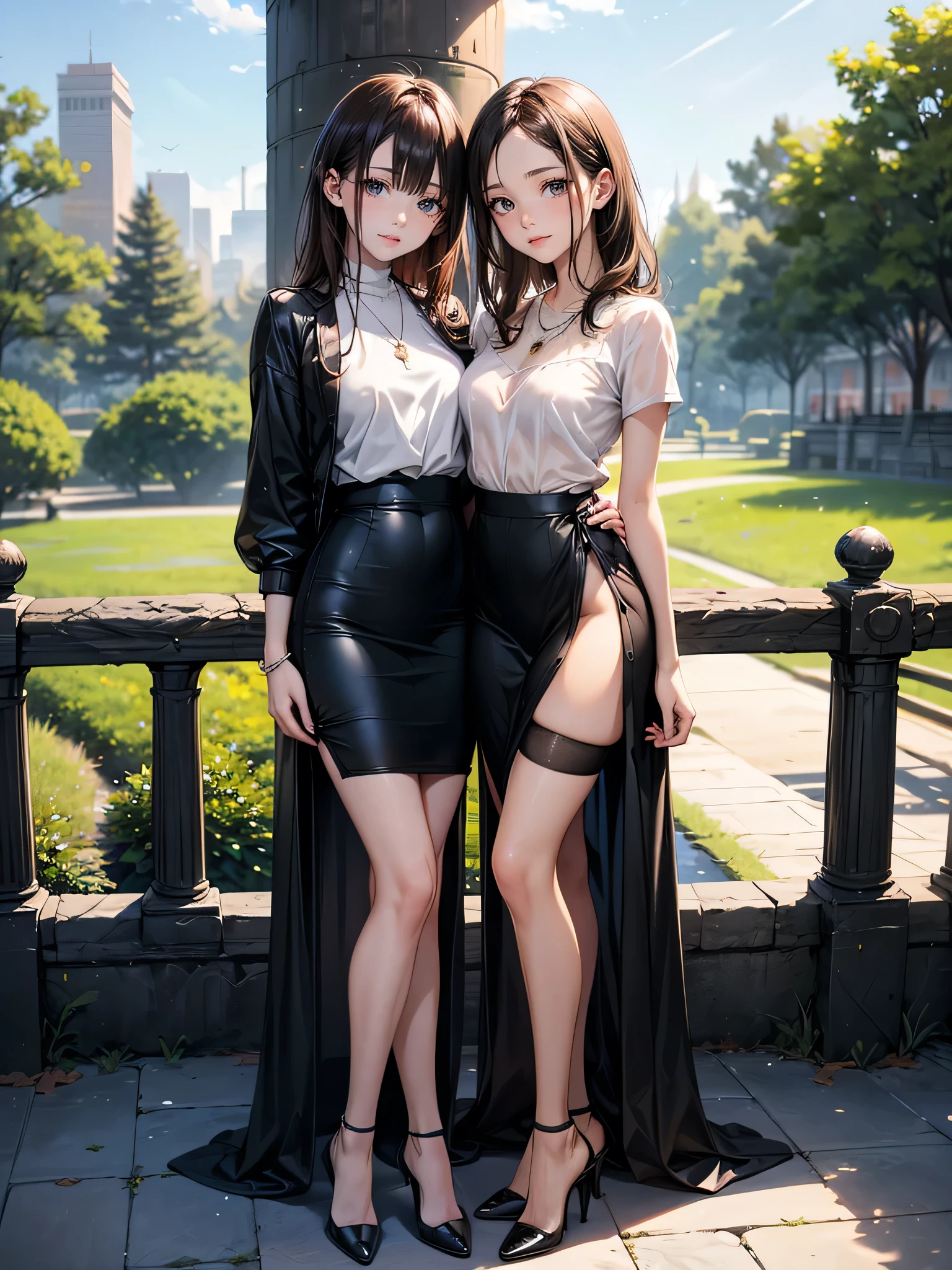 ((Biologically correct limb count)),(( From head to toe,Full-body photo including face)),4K,((Standing position)),masterpiece,((Focus on the face)),((Symmetrical facial features)),Eyes with detailed description,Beautiful woman,Great style,Beautiful arms,Beautiful legs,Beautiful Hands,Small Ass,Thin thighs,(Black Stockings),Detailed depiction of the face,necklace,(Casual clothes,High heels,Long skirt),Nestled in the park,Focus on the face,Realistic,(See-through clothing)
