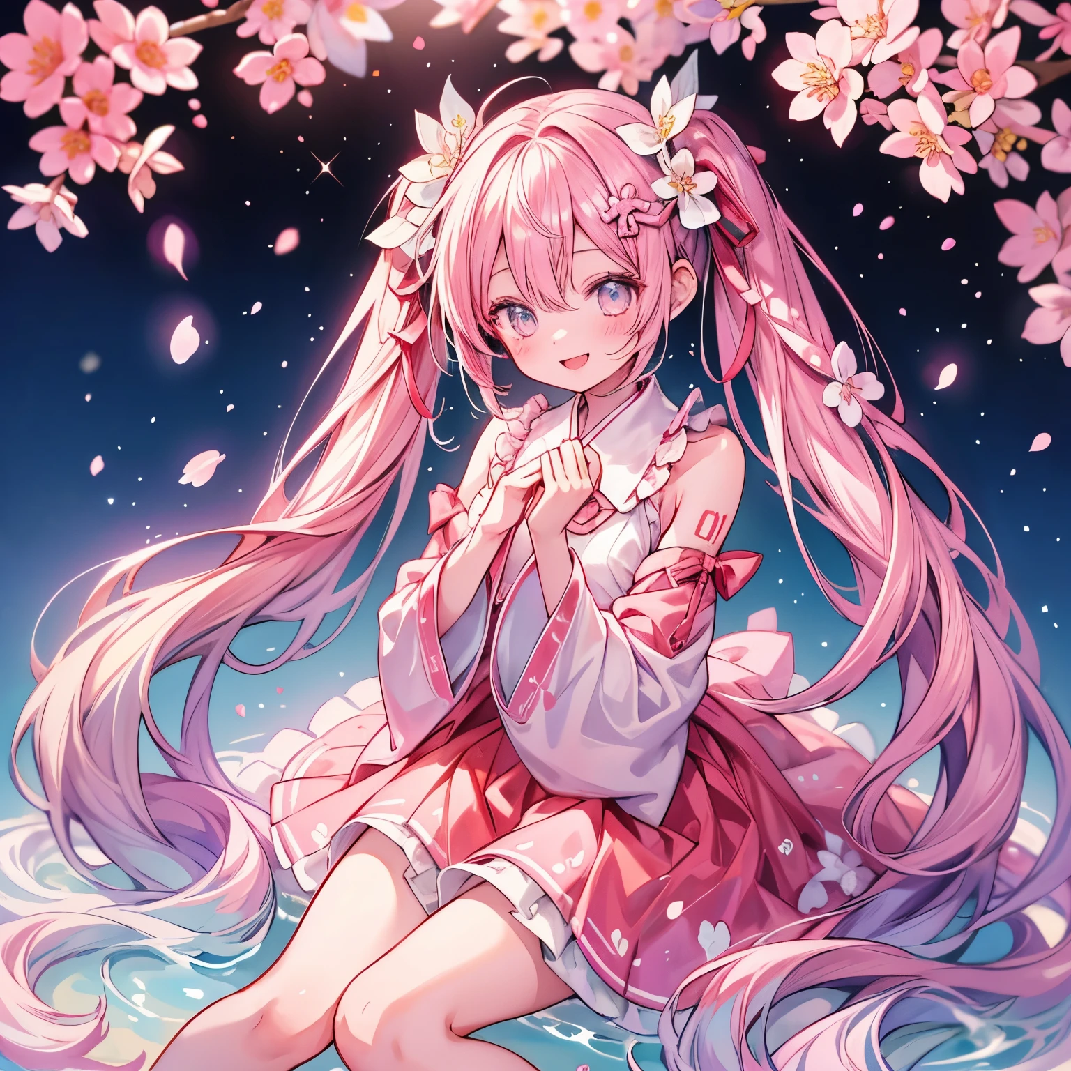 Sakura Miku、smile、Sitting、Open your mouth、Particles of light、Observe the audience、Look at this、Cherry blossom background