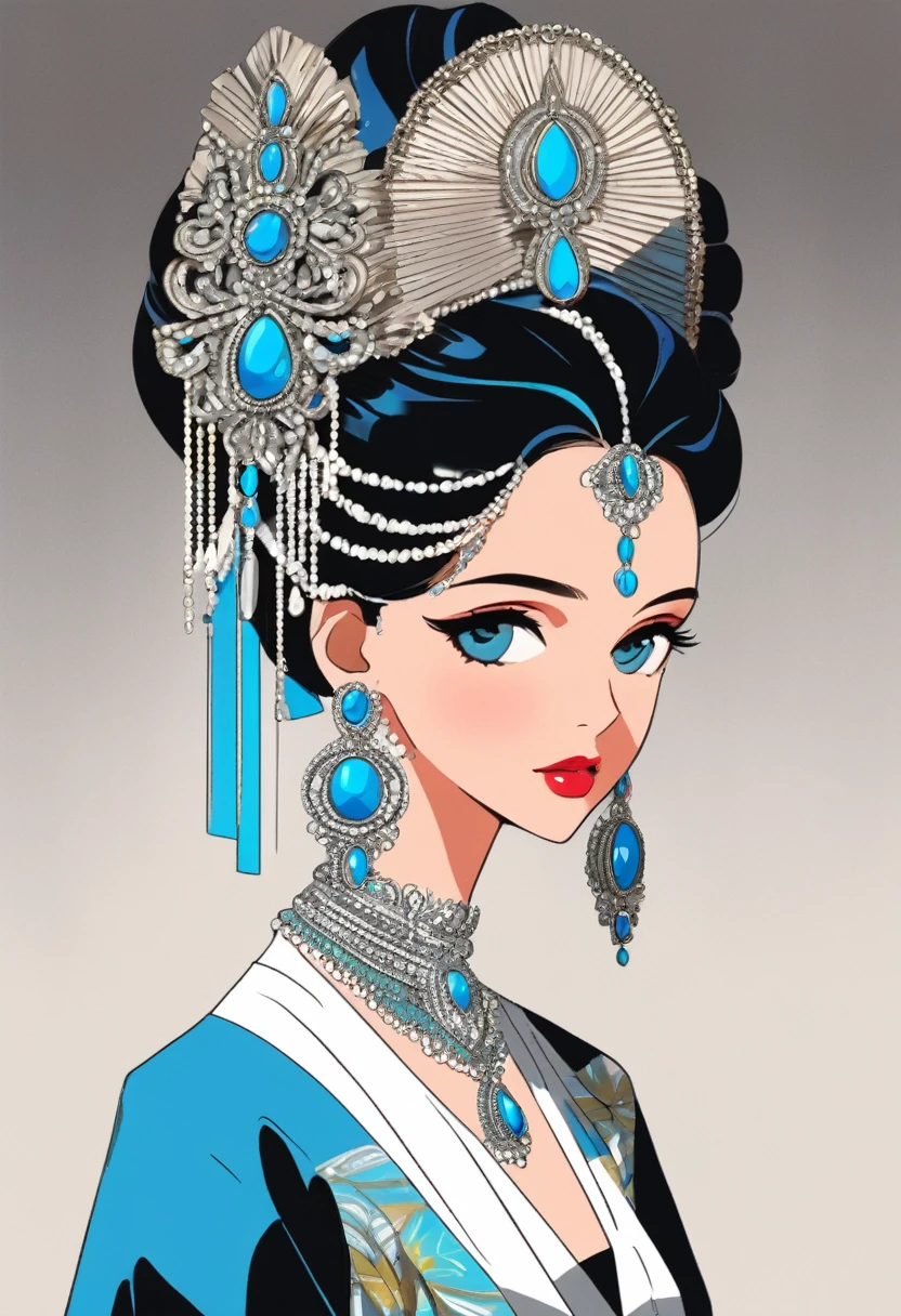 The image depicts a person with an elaborate hairstyle featuring a combination of black and bright blue colors, styled in an elegant updo adorned with decorative hair accessories. The individual is wearing a white dress with thin straps and a high neck choker, complemented by layered chains around the neck. They are also wearing a pair of long, dangling earrings. A light shawl is draped over their shoulders, adding to the sophisticated look. The background is dark, which highlights the bright elements of their attire.