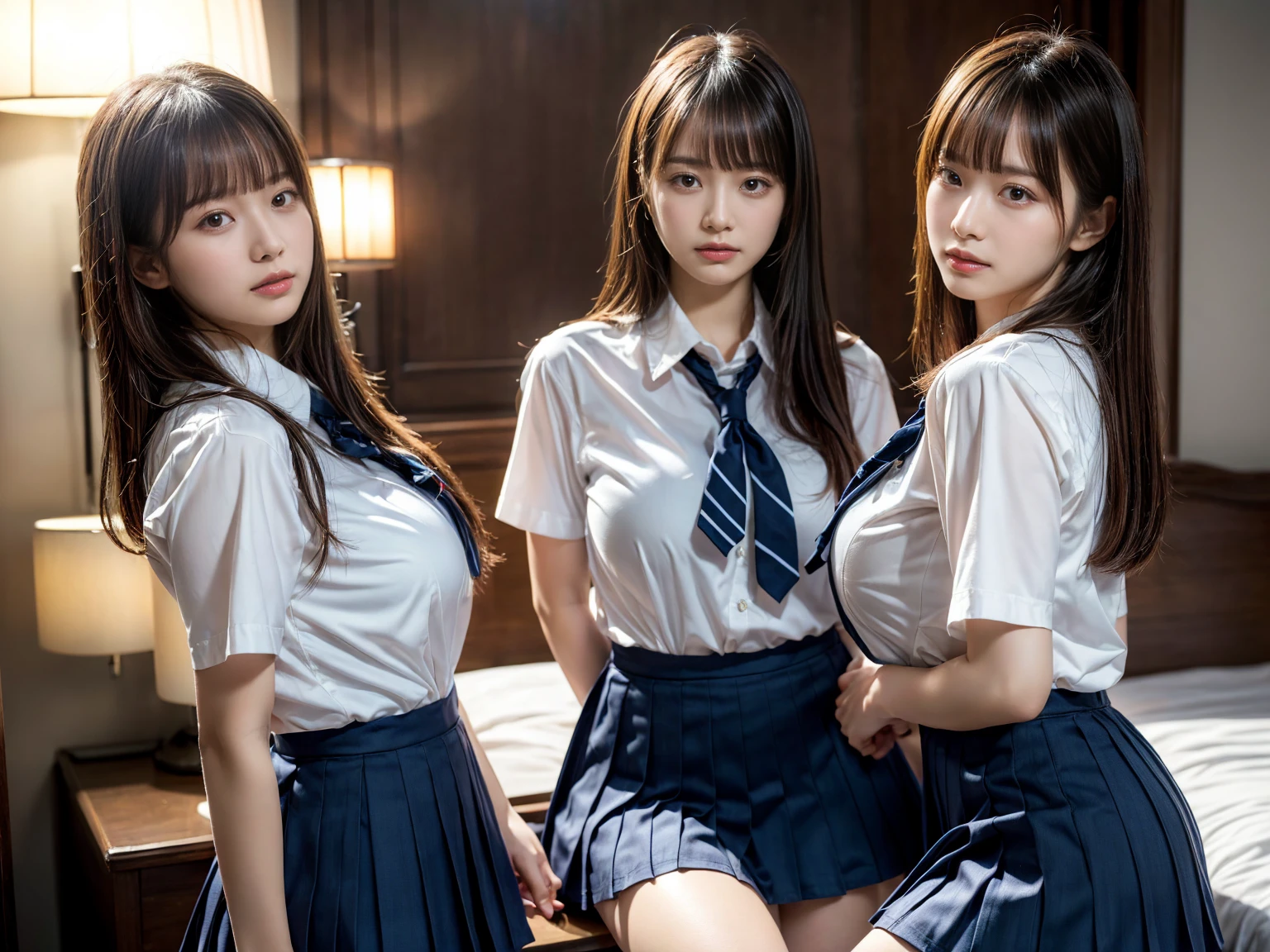 (RAW photo, 4k, masterpiece, high resolution, extremely complex) (realistic: 1.4), cinematic lighting
((2 girls, 2 schoolgirls)),Slam Dunk's,blushing,((innocent)),bright eyes,round eyes,blunt bangs,(straight hair:1.3),black hair,large breasts,wide hips,Summer Noon, ,Hot, (Best Quality), (Highres), (an Extremely Delicate and Beautiful),(Beautiful 8k face),(Brown eyes),short bob hair,( spectators),(gigantic breasts),(Play with each other,Touching each other's bodies,Touching the body),(Japanese high school uniform:1.3),blue skirt,(reality),bright lighting,(The background is a luxury hotel room)