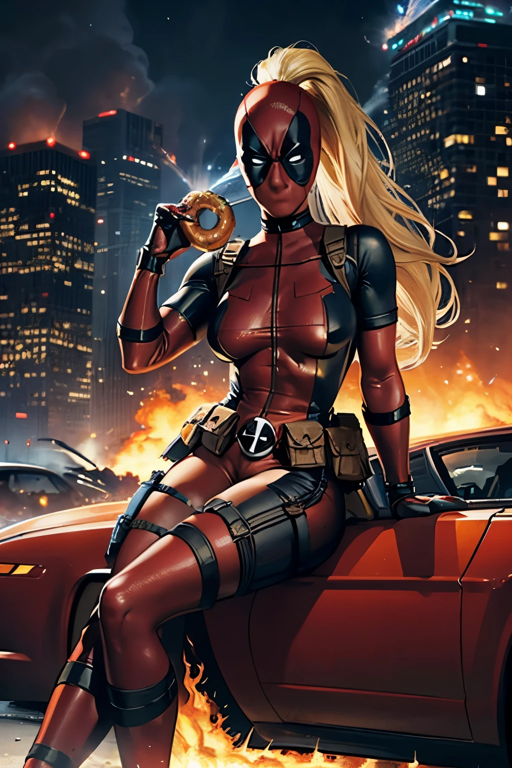 masterpiece, best quality, highres, contrapposto, BodySuit_lady_deadpool_ownwaifu, 1girl, mask, blonde hair, ponytail, long hair, large breasts, no pupils, bodysuit, skin tight, superhero, belt pouch, utility belt, red bodysuit, gloves, weapon on back, thigh pouch, thigh strap, thigh holster, belt buckle, turtleneck, light particles, depth_of_field, scenery, night, (City exploding in the background, car blowing up in flames:1.5), solo, cowboy shot, BRAKE Sitting on a bench eating a donut, (sitting cross-legged, holding donut in hand:1.5), looking at viewer,