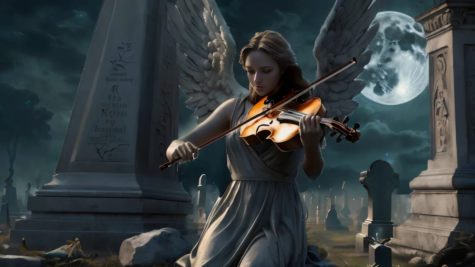 arafed woman playing violin in a cemetery with a full moon, fantasy violin, background artwork, musician, (fantasy violin), masterful composition!!!, classical artwork, beautiful digital artwork, the angel of death, 4k highly detailed digital art, angel, tom bagshaw weta studio, angel of death, amazing composition, 4k detailed digital art, angelic and unsettling