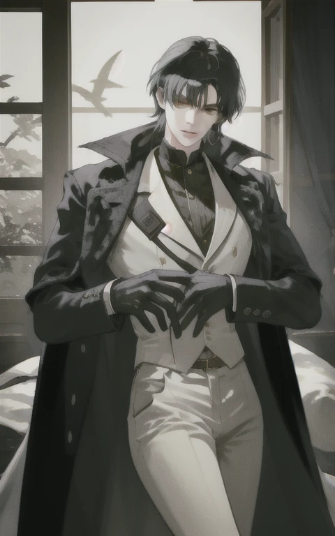 ultra detailed, depth, solo boy, cowboy shot, black hair, wearing opera coat, gentlemanly behavior, putting on gloves near the face, 50 years old, a gentleman, 4k, 1800s, Meiji era,