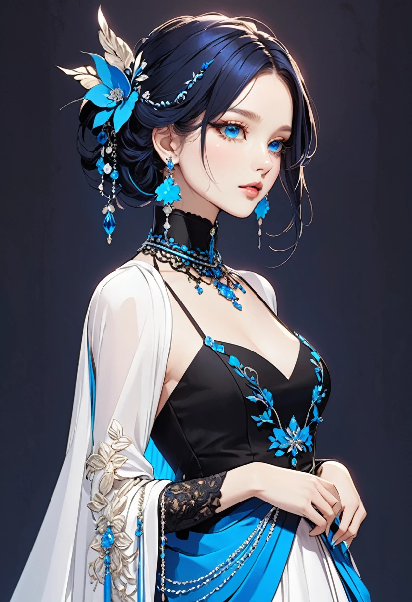 The image depicts a person with an elaborate hairstyle featuring a combination of black and bright blue colors, styled in an elegant updo adorned with decorative hair accessories. The individual is wearing a white dress with thin straps and a high neck choker, complemented by layered chains around the neck. They are also wearing a pair of long, dangling earrings. A light shawl is draped over their shoulders, adding to the sophisticated look. The background is dark, which highlights the bright elements of their attire.