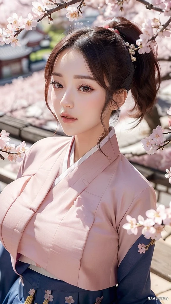 (best quality, 8k, masterpiece: 1.3), ((((((Incredibly huge breasts: 0.8))))), single ponytail, (beautiful face:1.3), Cherry blossoms are in full bloom, full of cherry blossoms, floating cherry blossom petals, very cool, Authentic Korean Hanbok
