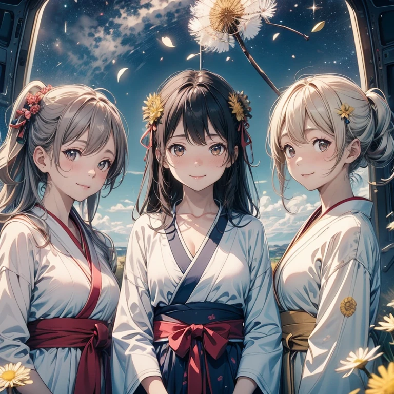 Highest quality, Super detailed, (Ultra-high resolution,8k), Ultra-high definition 4K, (Perfect Anatomy, Anatomically correct), (The three pure shrine maidens), (Detailed shrine maiden costume), (A peaceful moment), (High-quality facial beauty), (宙に舞うDandelion fluffの中で:), (Photorealistic), Soft Skin, Glowing Skin, Bright lighting, colorful, A sparkling smile, Dandelion fluff