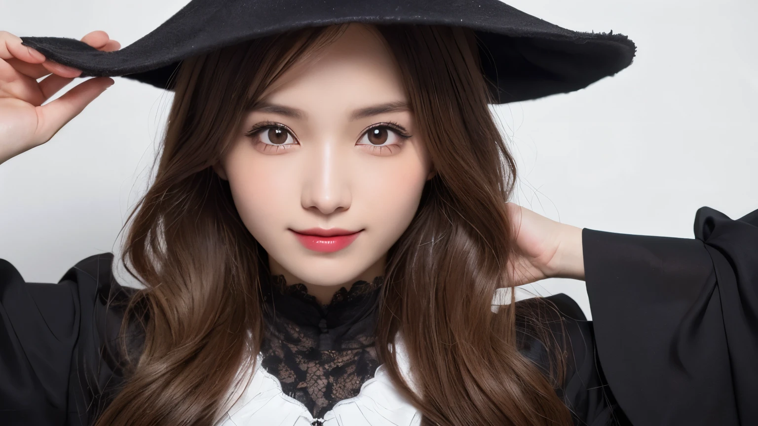 white background, half body portrait, smile, one girl, (a beauty girl, delicate girl:1.3), (20 years old:1.3), break, (witch costume, Witch hat, Witch clothes), break, (gates of hell:1.2), break, very fine eyes, (symmetrical eyes:1.3), break, small breasts, brown eyes, parted bangs, brown hair, (smile), break, (eyes and faces with detailed:1.0), break, (masterpiece, best quality, ultra detailed, detailed face, 8k)