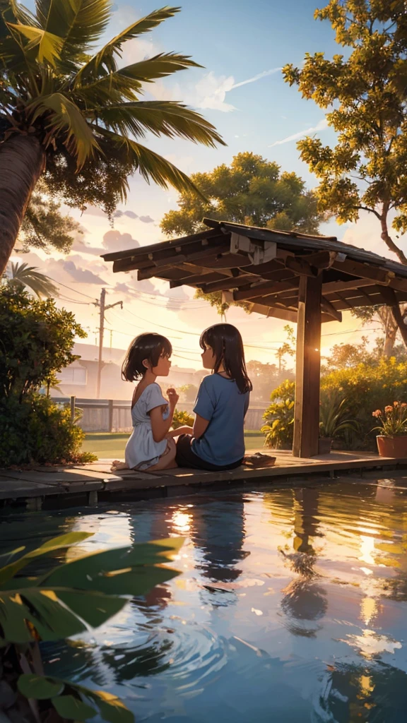 A romantically entwined pair of lovers sits on a weathered bench beneath towering coconut trees as the vibrant hues of a sunset bathe the scene in golden light. The young couple, dressed in casual, summery attire, exude a sense of carefree joy and intimacy. This striking image, whether a painting or photograph, captures the warmth of their love and the serenity of the tropical setting with impeccable detail and exquisite color rendering, making it a masterpiece of romantic nostalgia.