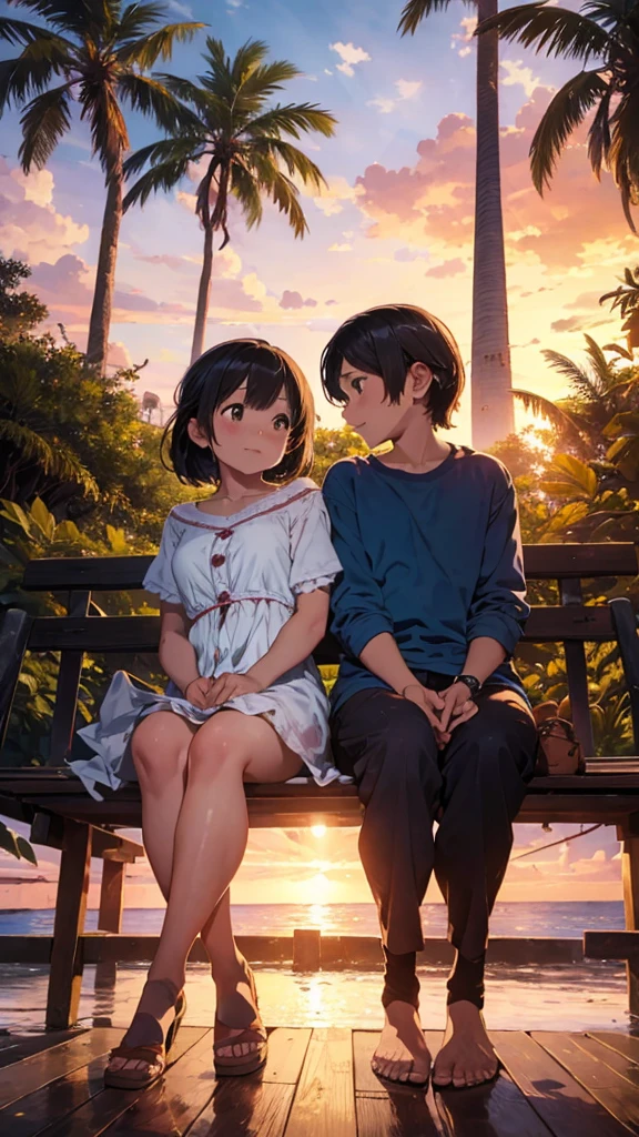 A romantically entwined pair of lovers sits on a weathered bench beneath towering coconut trees as the vibrant hues of a sunset bathe the scene in golden light. The young couple, dressed in casual, summery attire, exude a sense of carefree joy and intimacy. This striking image, whether a painting or photograph, captures the warmth of their love and the serenity of the tropical setting with impeccable detail and exquisite color rendering, making it a masterpiece of romantic nostalgia.
