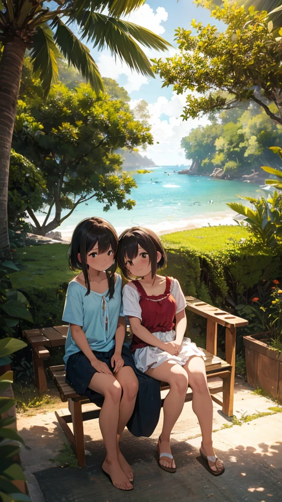 A romantically entwined pair of lovers sits on a weathered bench beneath towering coconut trees as the vibrant hues of a sunset bathe the scene in golden light. The young couple, dressed in casual, summery attire, exude a sense of carefree joy and intimacy. This striking image, whether a painting or photograph, captures the warmth of their love and the serenity of the tropical setting with impeccable detail and exquisite color rendering, making it a masterpiece of romantic nostalgia.