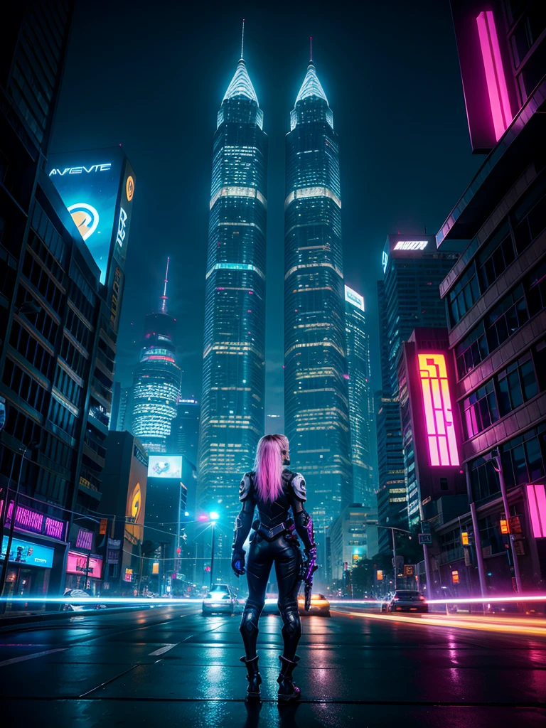 Desenhe ombre de Overwatch em um ambiente urbano cibernético futurista, filled with skyscrapers illuminated by holograms and neon lights. She&#39;s in a stealthy position, half crouched on a building&#39;s marquee, with his cunning eyes focused on a holographic control panel in front of him. ombre, a dark-skinned woman with short purple hair, shaved on one side, is dressed in a purple and black leather outfit, with neon details that glow softly. Your gloves are equipped with electronic devices, and one of them is being used to hack the building&#39;s security system. Ao fundo, drones fly through the night sky, and the city is alive with the movement of autonomous vehicles on the streets below. The atmosphere is tense, with a touch of imminent danger, destacando a habilidade de ombre como uma infiltradora e hacker de elite.