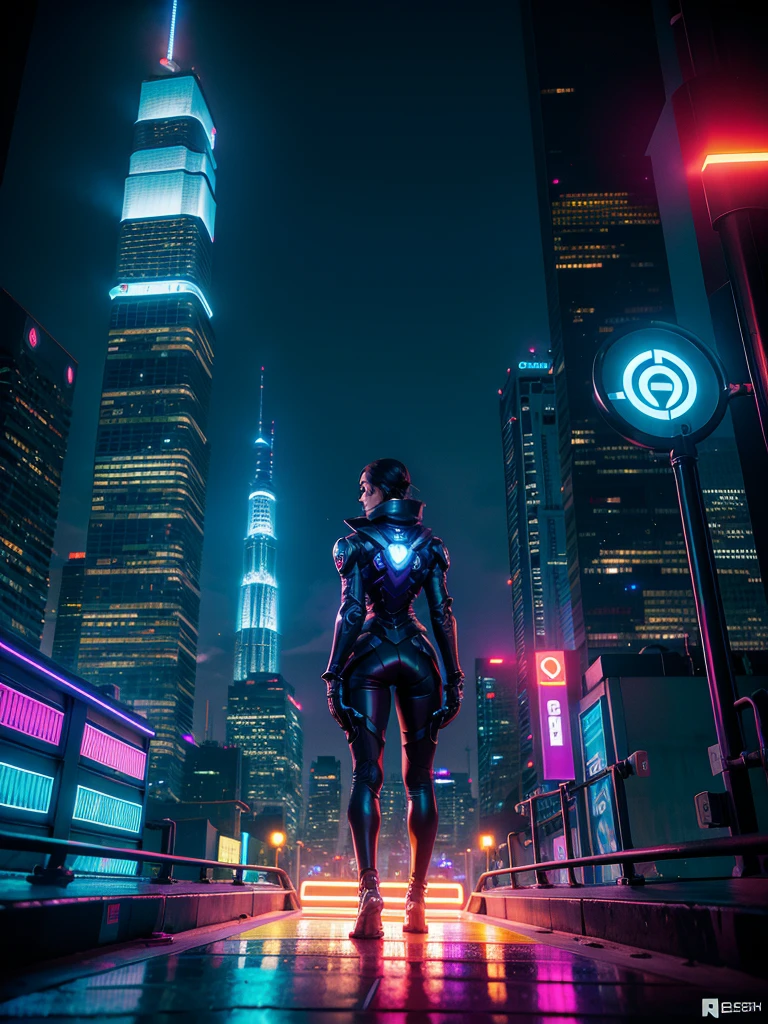 Desenhe ombre de Overwatch em um ambiente urbano cibernético futurista, filled with skyscrapers illuminated by holograms and neon lights. She&#39;s in a stealthy position, half crouched on a building&#39;s marquee, with his cunning eyes focused on a holographic control panel in front of him. ombre, a dark-skinned woman with short purple hair, shaved on one side, is dressed in a purple and black leather outfit, with neon details that glow softly. Your gloves are equipped with electronic devices, and one of them is being used to hack the building&#39;s security system. Ao fundo, drones fly through the night sky, and the city is alive with the movement of autonomous vehicles on the streets below. The atmosphere is tense, with a touch of imminent danger, destacando a habilidade de ombre como uma infiltradora e hacker de elite.