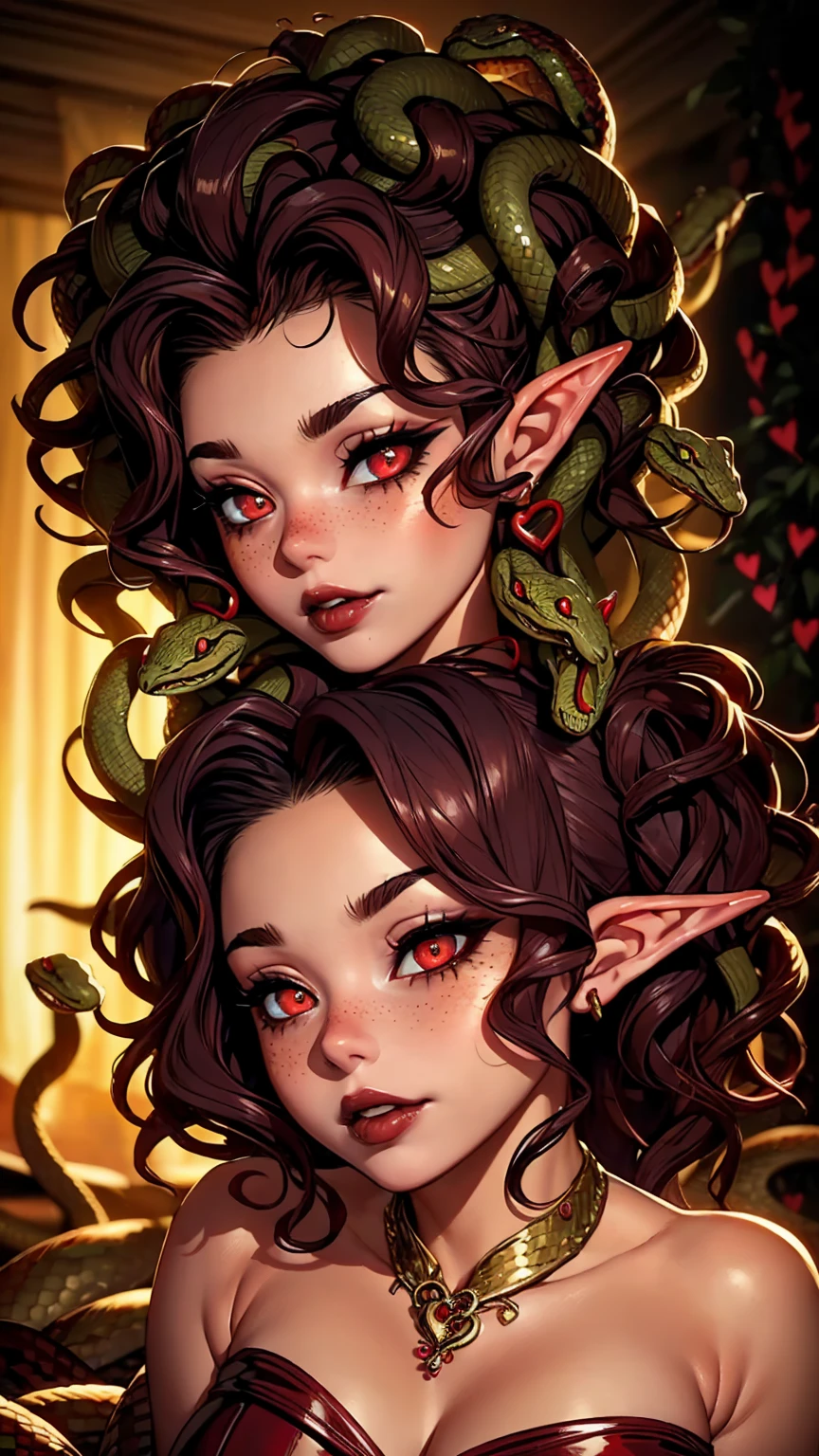 ((Best quality)), ((masterpiece)), (detailed: 1.3)
Beautiful woman, one girl, very detailed eyes, very detailed hair, very detailed clothes, very detailed face, 20 years old girl
((Red eyes)), ((glowing eyes)), ((black hair, wavy hair, medusa, snakes hairstyle)), ((elf ears)), heart earrings, piercing, tanned skin, ((black latex dress)), large breasts, cleavage, thick ass, choker, heart necklace, beautiful eyelashes, eyeliner, sultry eyes, juicy lips, soft blush, smooth skin, freckles, natural eyebrows.
Posing sexily, looking at viewer, in love with viewer, making a silly face, romantic lightning, hearts, bedroom, dimmed lights, showing only face and upper body, ((snakes in the background)).