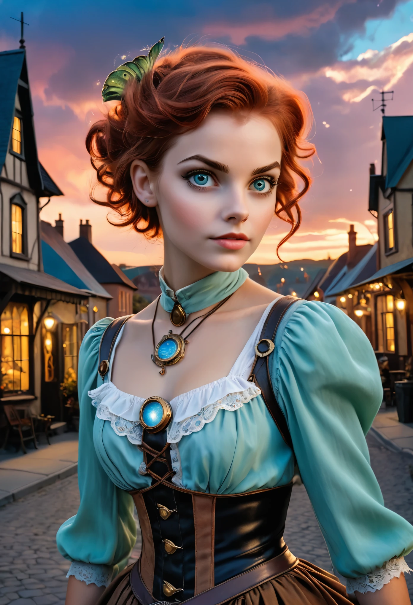 realistic, mesmerizing, modern analog photo, middle shot, photorealistic, (most detailed face, eyes), skyscape with clouds, nightfall, cute woman, small european town in 1910, short windblown skirt, soft steampunk aesthetic, short hair, smoke particles, halo, (bioluminescent:0.95), vibrant color details, dynamic, Intensed eyes, sexy, pleasure, wishmaster, depth of field, 35mm, film grain, raw photo, isometric, extremely detailed