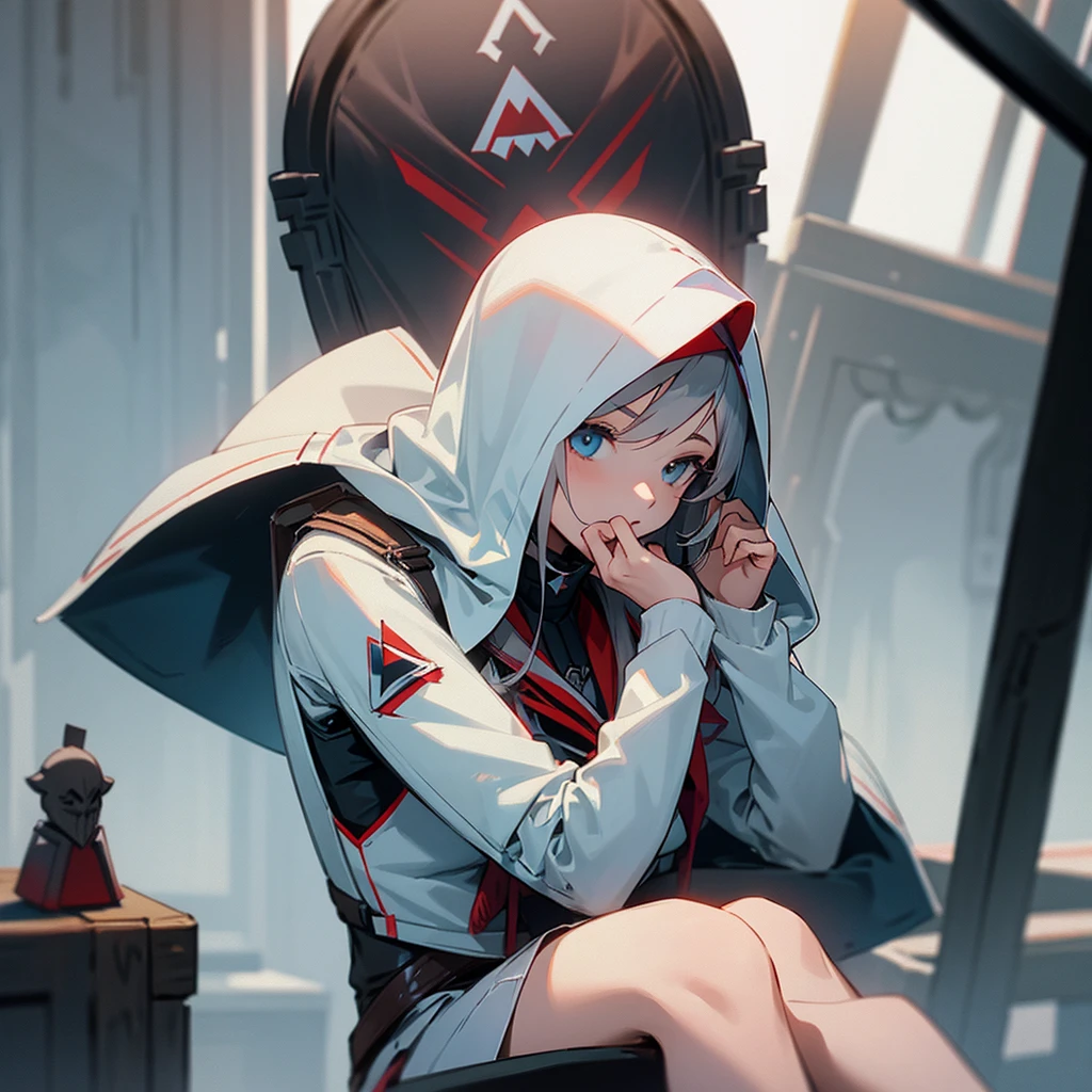 Girl assassin Creed Sits with his face down, looking to the side with his hands pressed to his chest
