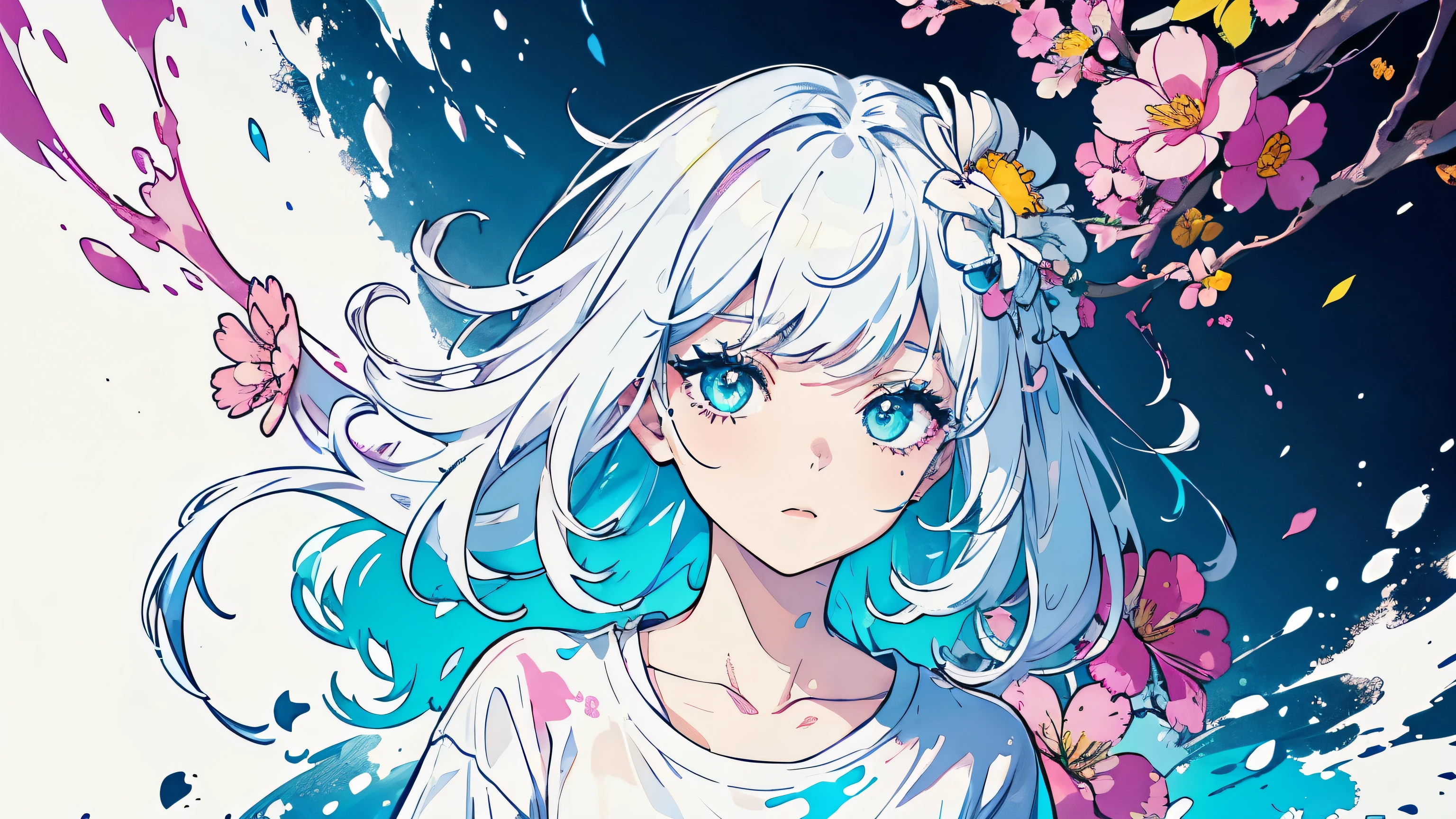 Lovely beautiful girl，1 girl，Wearing a platinum shirt，Half-body photo，Black clear eyes，Small face，Color Splash，Color Splash，Messy Lineouth closed，Long eyelashes，White shirt，Upper Body，Paint splashes，Acrylic paint，Rainbow Hair，Highest quality，In the background is a sky dotted with flowers.