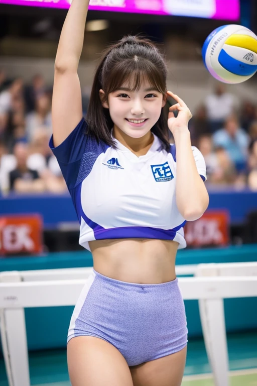 (((Highest quality)))　((masterpiece))　((Real beautiful girl))　19-year-old beautiful girl　(Cute face)　clear　((Baby Face))　Appearance like an idol　No sleeve　Bloomers　Beautiful thighs　volleyball　Sportswear　gym　Large Venue　smile　Short hair