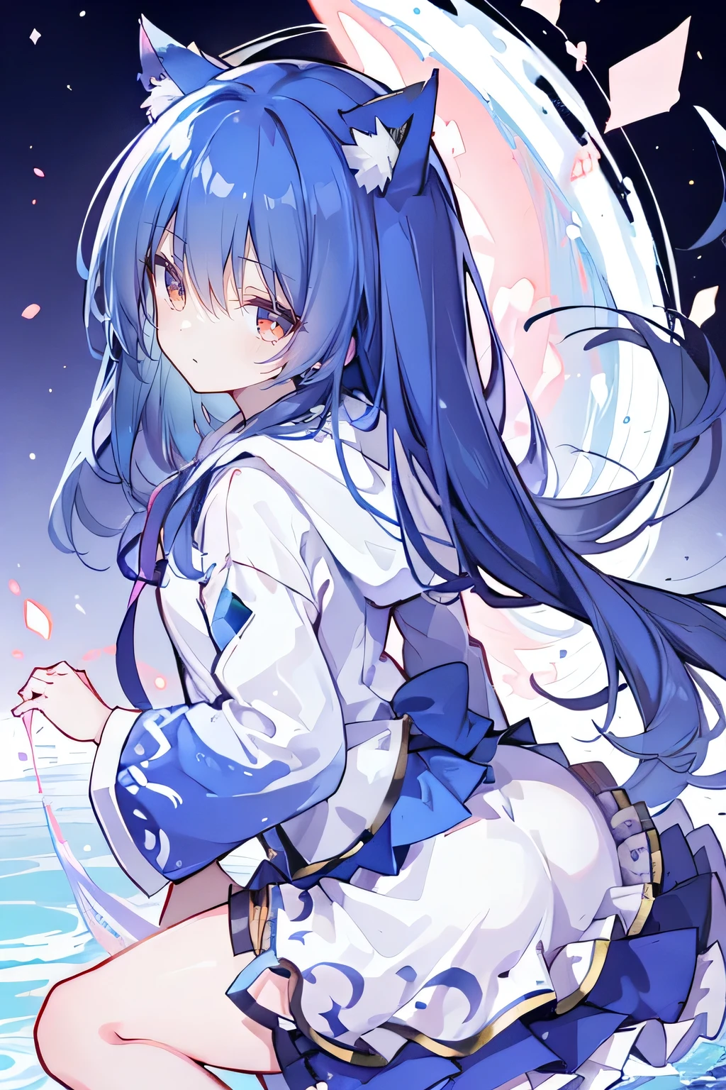 （masterpiece：1.2），Super detailed，lifelike，Expressive eyes，fair skin，perfect face shape，1 girl，
Japanese comics,Gorgeous blue hair,flowing blue hair,flowing clothes,Cat ears,Petals fall,beautiful lola,Baby Angel,
Shaking head with one hand，Cross your legs，Gentle and peaceful background，The pavilion is cool and comfortable,smile, wearing hoodie, background of tokyo,back views,snowing, winter.