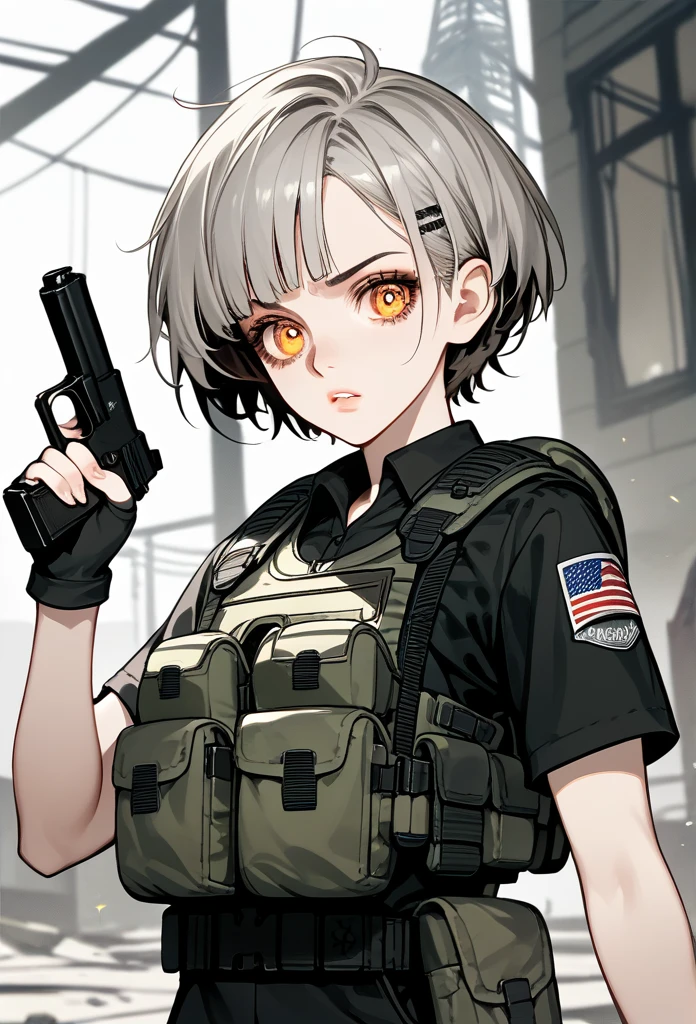 masterpiece, best quality, mature woman, short hair, (buzzcut hair), gray hair, evil eyes, amber eyes, glossy lips, mature face, sharp expression, operative clothing, bulletproof vest, tactical vest, fingerless gloves, holding pistol, abandoned building, (please put a cigarette in mouth) 