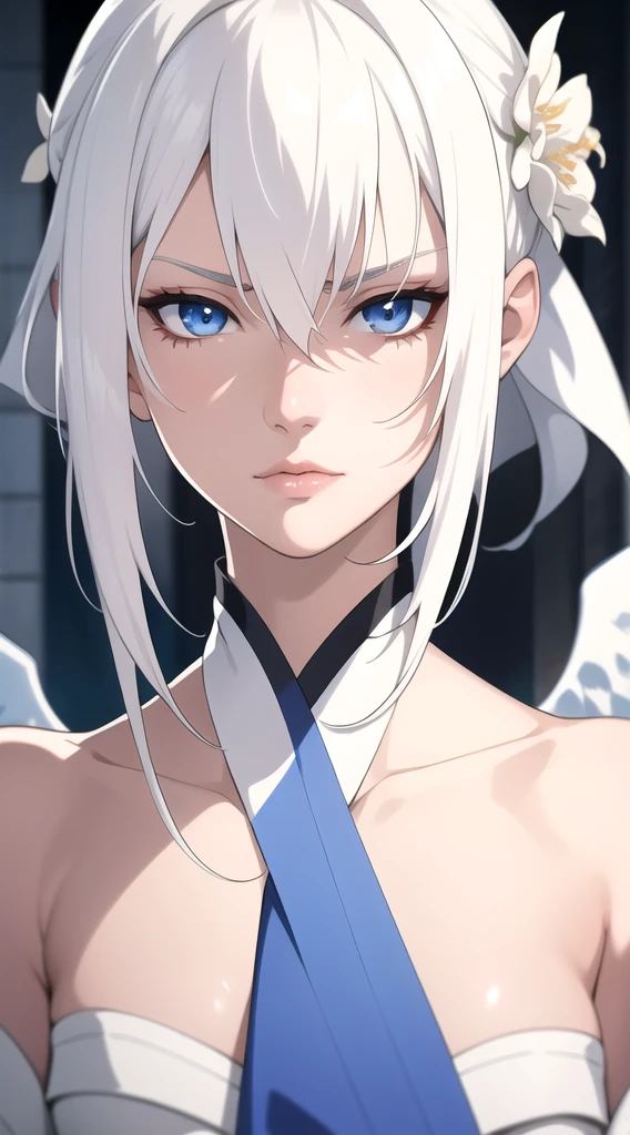 (work of art, best qualityer), details Intricate, fine tune, ((Scrawny)), beautiful girl, light white hair, Caucasian skin, clear blue eyes, SHARP JAW, white kimono, Messy hair, fleshy lips, trunk, close up,serious expression on your face,She looks like an angel but with a dark aura.