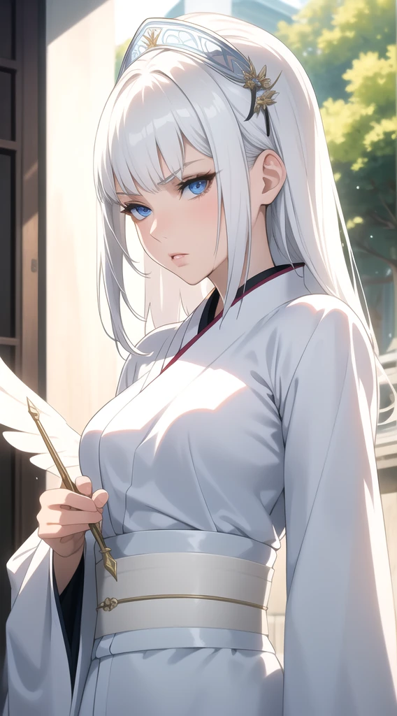 (work of art, best qualityer), details Intricate, fine tune, ((Scrawny)), beautiful girl, light white hair, Caucasian skin, clear blue eyes, SHARP JAW, white  kimono, Messy hair, fleshy lips, trunk, close up,serious expression on your face,She looks like an angel but with a dark aura.