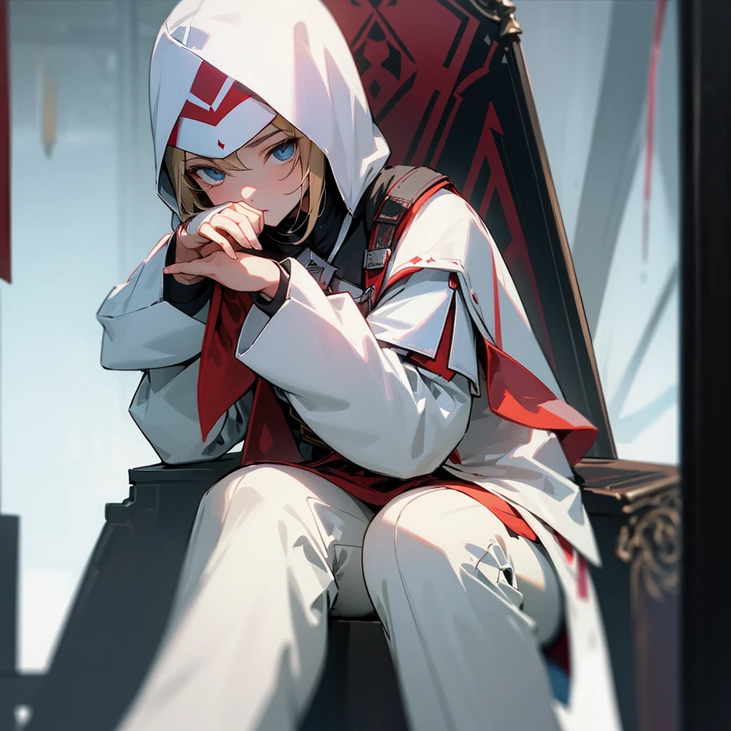 Girl assassin Creed Sits with his face down, looking to the side with his hands pressed to his chest