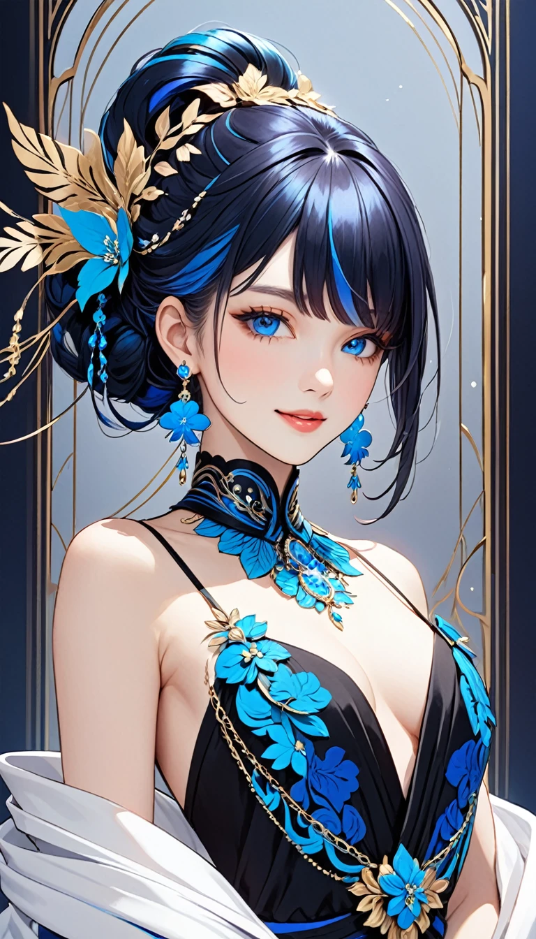 The image depicts a person with an elaborate hairstyle featuring a combination of black and bright blue colors, styled in an elegant updo adorned with decorative hair accessories. The individual is wearing a white dress with thin straps and a high neck choker, complemented by layered chains around the neck. They are also wearing a pair of long, dangling earrings. A light shawl is draped over their shoulders, adding to the sophisticated look. The background is dark, which highlights the bright elements of their attire.,Cheerful girl, smile 