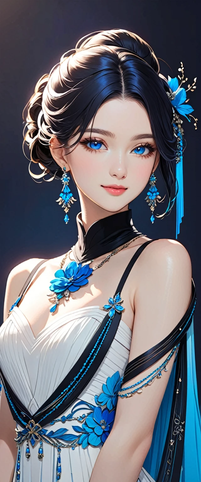 The image depicts a person with an elaborate hairstyle featuring a combination of black and bright blue colors, styled in an elegant updo adorned with decorative hair accessories. The individual is wearing a white dress with thin straps and a high neck choker, complemented by layered chains around the neck. They are also wearing a pair of long, dangling earrings. A light shawl is draped over their shoulders, adding to the sophisticated look. The background is dark, which highlights the bright elements of their attire.,Cheerful girl, smile 