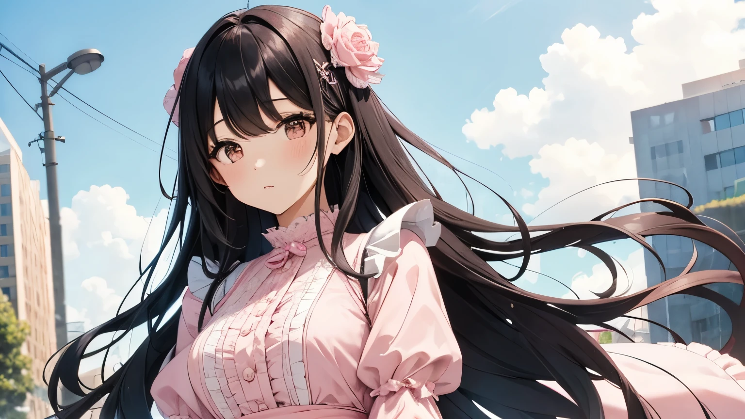 A beautiful woman wearing a pink and white long puff sleeve dress with lots of ruffles and lace Long black hair with hair ornament Upper Body